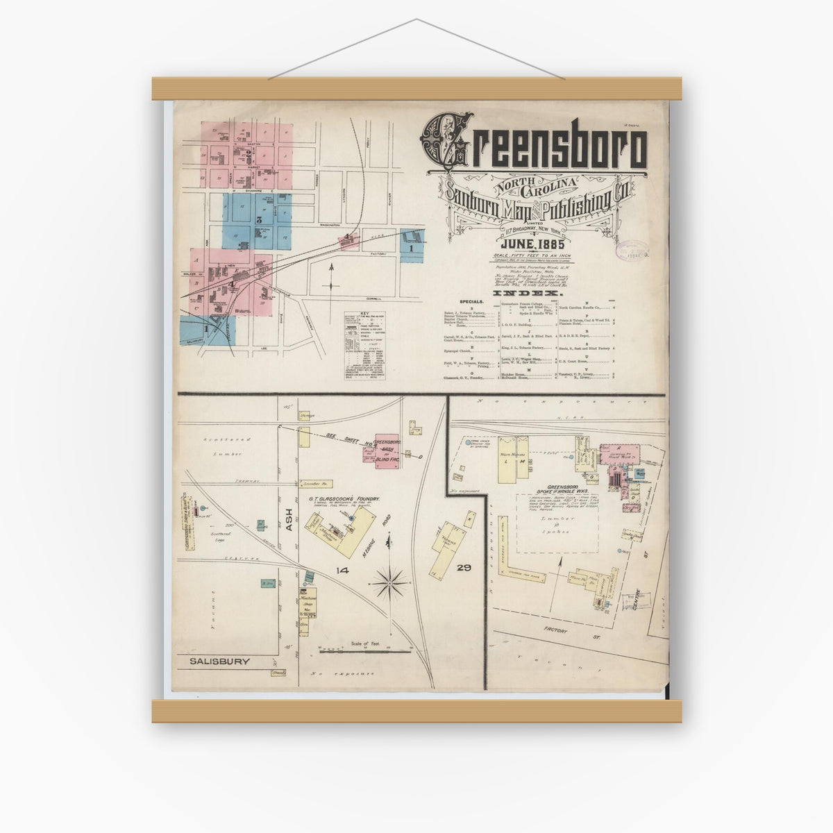 Old map wall art mockup — magnetic wood frame on white wall — Sanborn Fire Insurance Map from Greensboro, Guilford County, North Carolina (1885), Sheet #0001