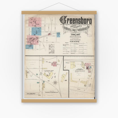 Old map wall art mockup — magnetic wood frame on white wall — Sanborn Fire Insurance Map from Greensboro, Guilford County, North Carolina (1885), Sheet #0001