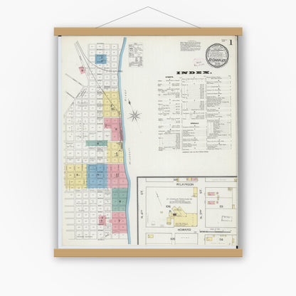 Old map wall art mockup — magnetic wood frame on white wall — Sanborn Fire Insurance Map from Saint Charles, Saint Charles County, Missouri (1893) - Complete Map Set