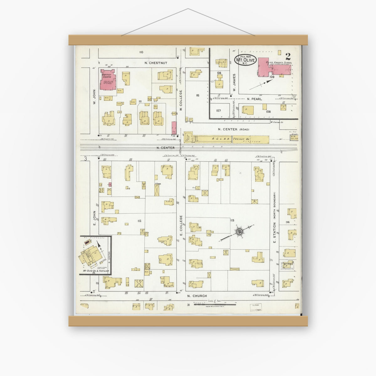 Old map wall art mockup — magnetic wood frame on white wall — Sanborn Fire Insurance Map from Mount Olive, Wayne County, North Carolina (1920), Sheet #0002
