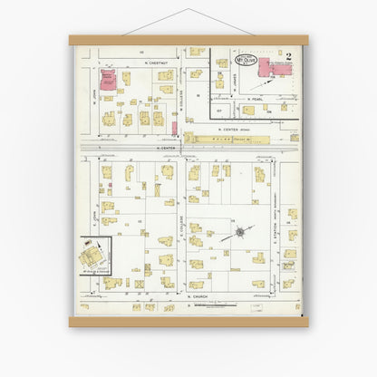 Old map wall art mockup — magnetic wood frame on white wall — Sanborn Fire Insurance Map from Mount Olive, Wayne County, North Carolina (1920), Sheet #0002