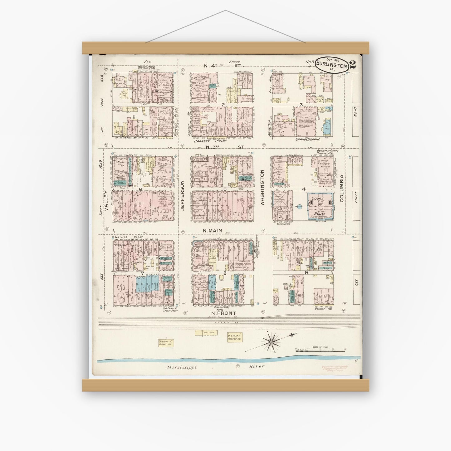 Old map wall art mockup — magnetic wood frame on white wall — Sanborn Fire Insurance Map from Burlington, Des Moines County, Iowa (1888), Sheet #0002