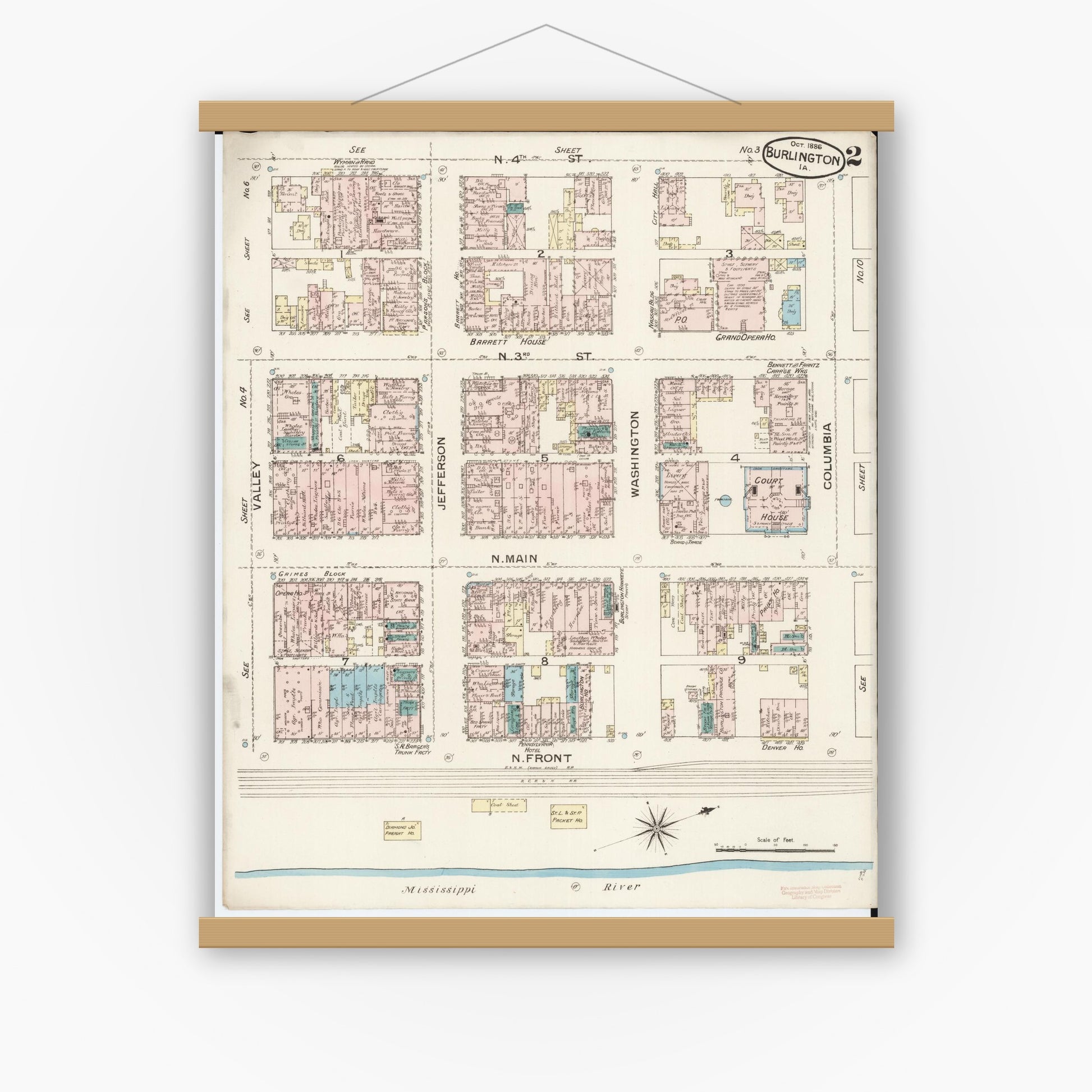 Old map wall art mockup — magnetic wood frame on white wall — Sanborn Fire Insurance Map from Burlington, Des Moines County, Iowa (1888), Sheet #0002