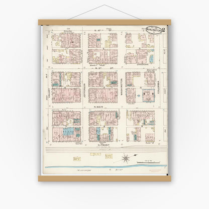 Old map wall art mockup — magnetic wood frame on white wall — Sanborn Fire Insurance Map from Burlington, Des Moines County, Iowa (1888), Sheet #0002