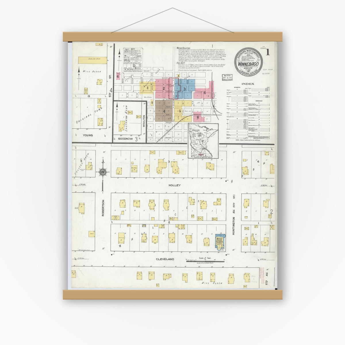 Old map wall art mockup — magnetic wood frame on white wall — Sanborn Fire Insurance Map from Winnebago, Faribault County, Minnesota (1917), Sheet #0001