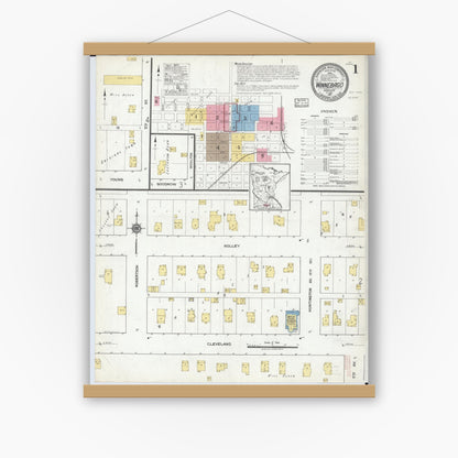 Old map wall art mockup — magnetic wood frame on white wall — Sanborn Fire Insurance Map from Winnebago, Faribault County, Minnesota (1917), Sheet #0001