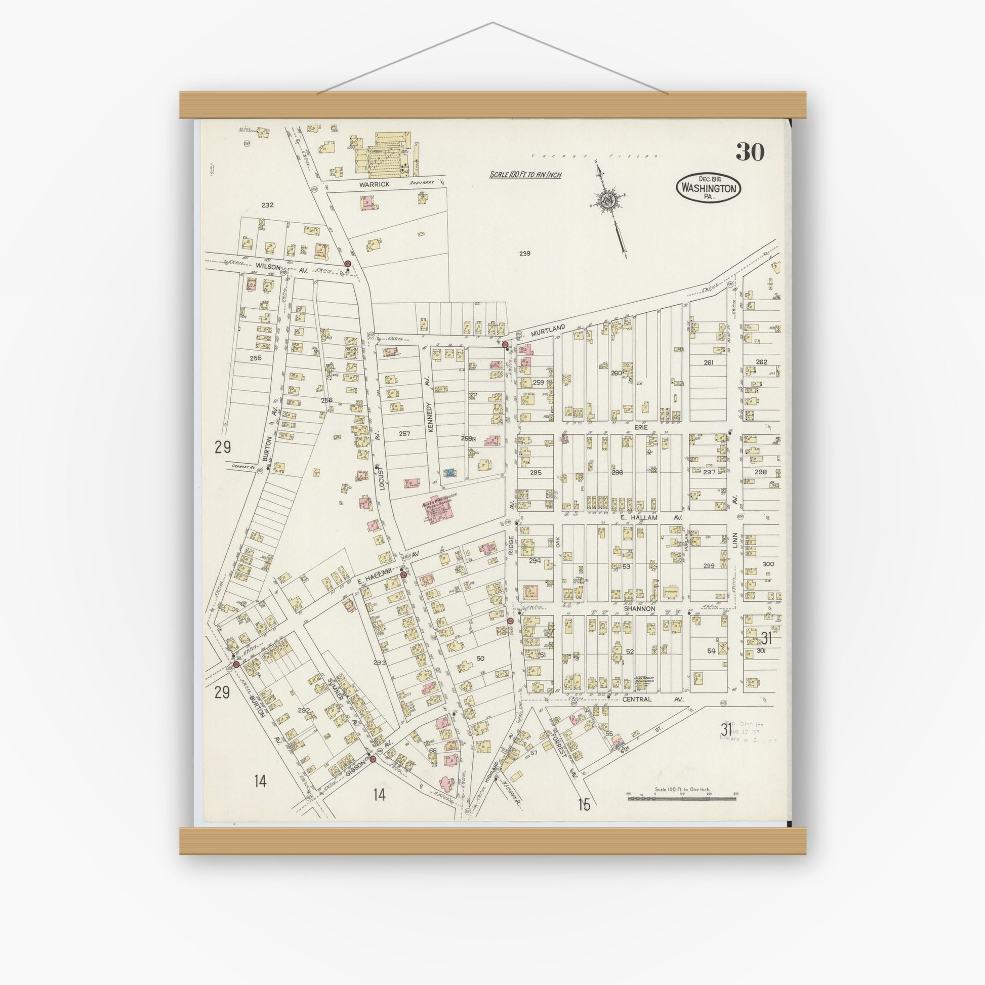 Old map wall art mockup — magnetic wood frame on white wall — Sanborn Fire Insurance Map from Washington, Washington County, Pennsylvania (1914), Sheet #0030