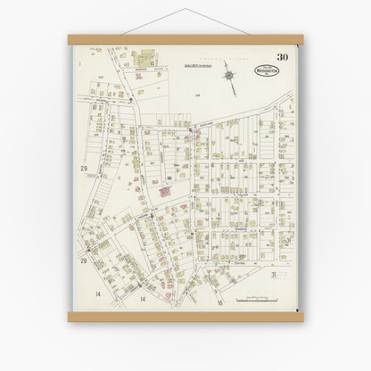 Old map wall art mockup — magnetic wood frame on white wall — Sanborn Fire Insurance Map from Washington, Washington County, Pennsylvania (1914), Sheet #0030