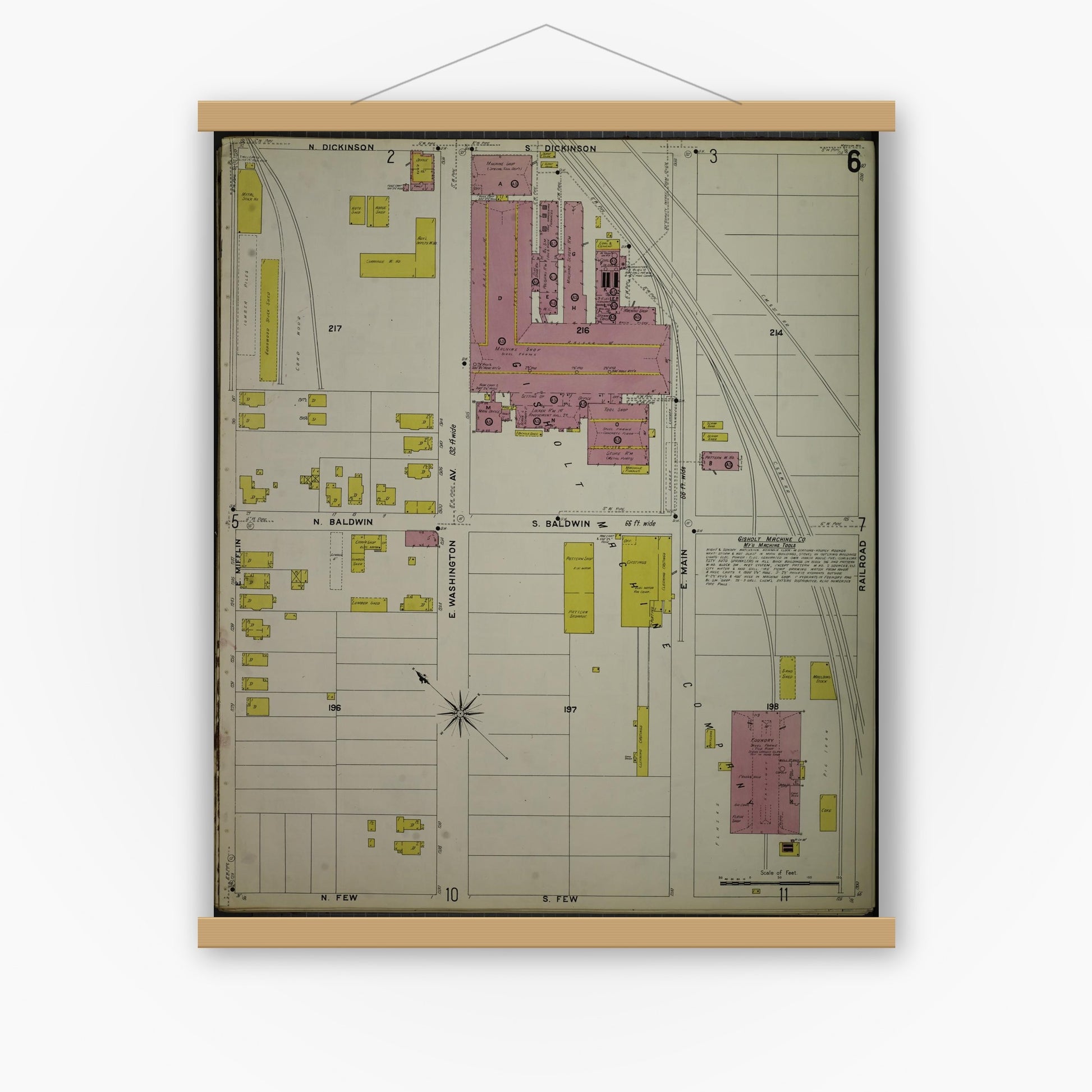 Old map wall art mockup — magnetic wood frame on white wall — Sanborn Fire Insurance Map from Madison, Dane County, Wisconsin (1908), Sheet #0006