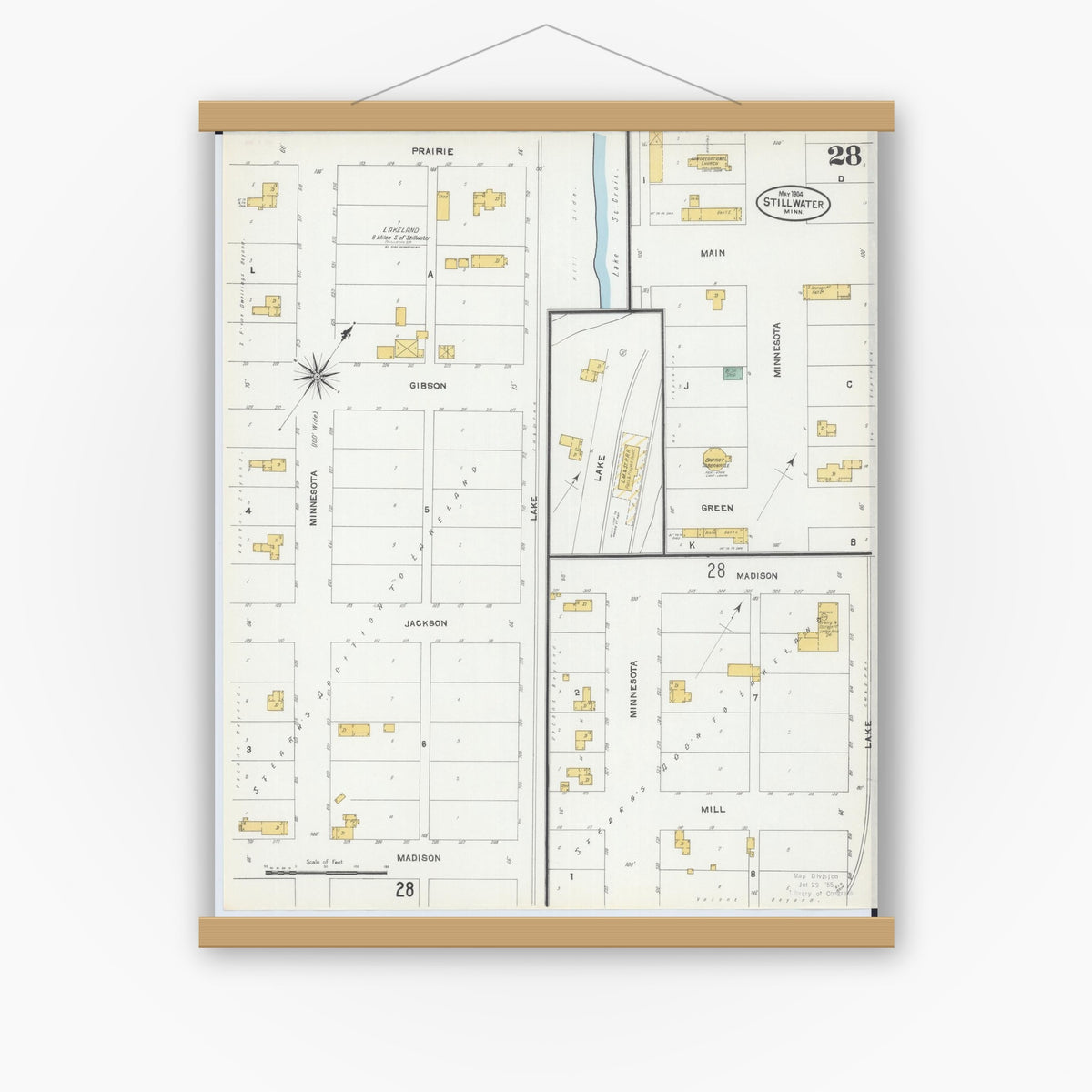 Old map wall art mockup — magnetic wood frame on white wall — Sanborn Fire Insurance Map from Stillwater, Washington County, Minnesota (1904), Sheet #0028