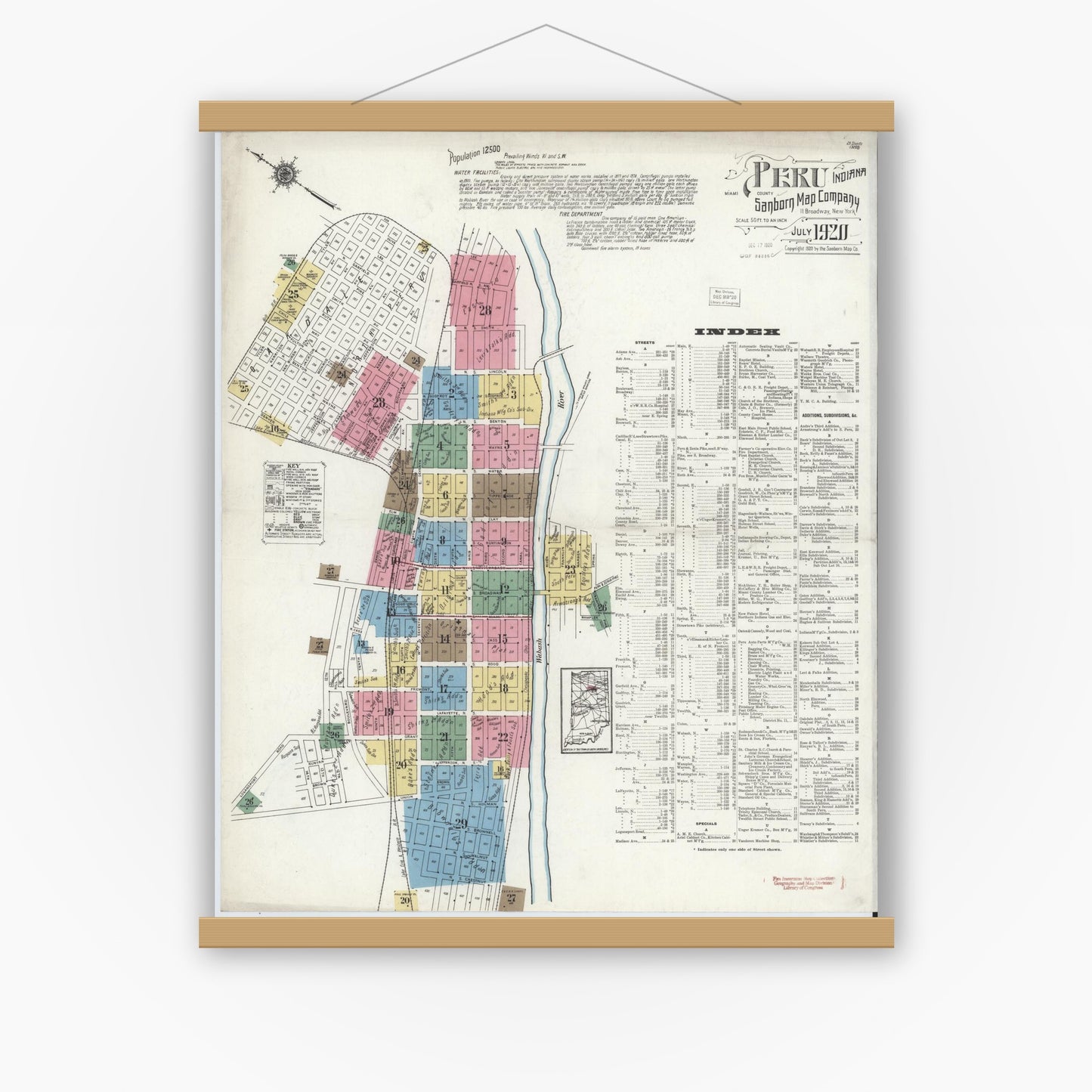 Old map wall art mockup — magnetic wood frame on white wall — Sanborn Fire Insurance Map from Peru, Miami County, Indiana (1920) - Complete Map Set