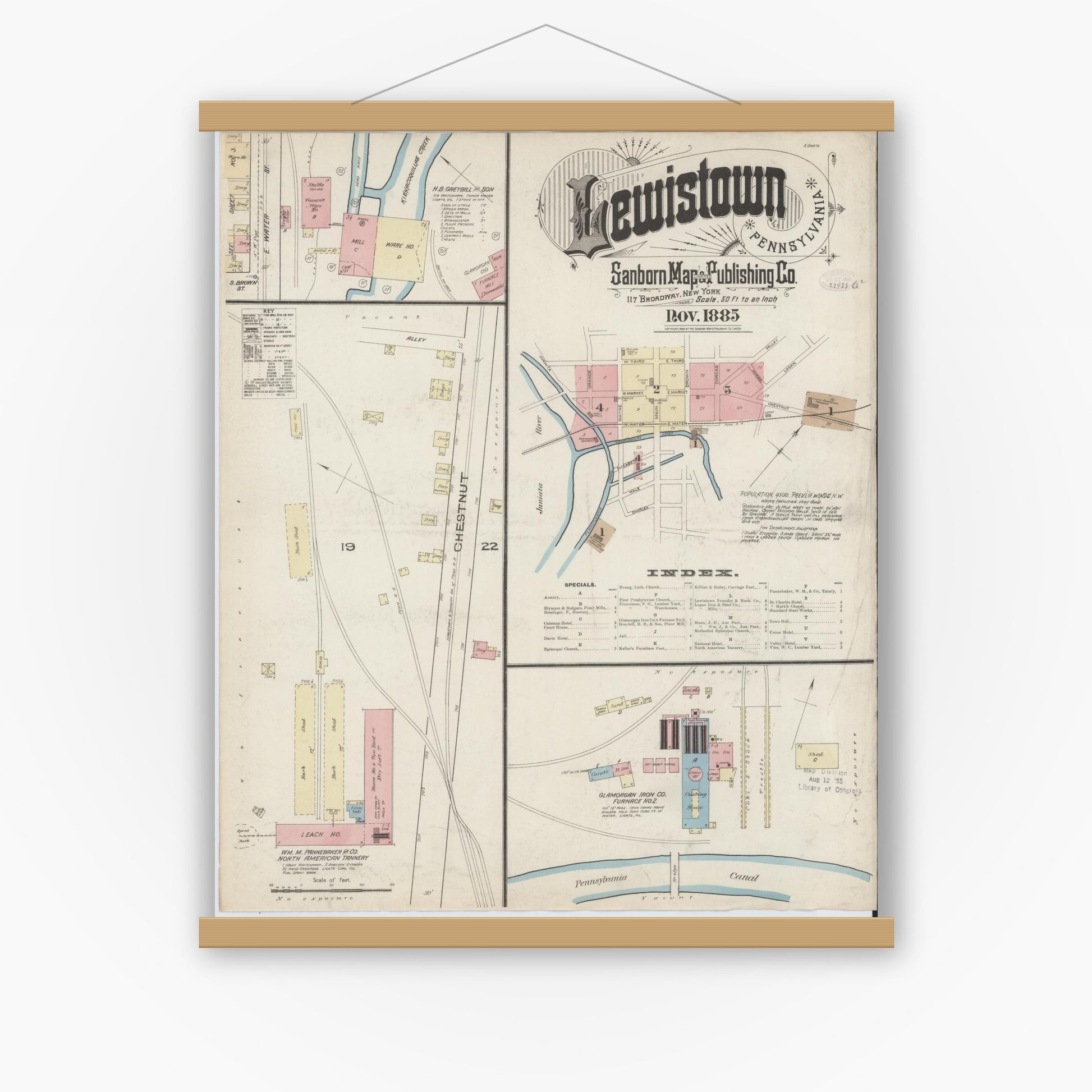 Old map wall art mockup — magnetic wood frame on white wall — Sanborn Fire Insurance Map from Lewistown, Mifflin County, Pennsylvania (1885), Sheet #0001