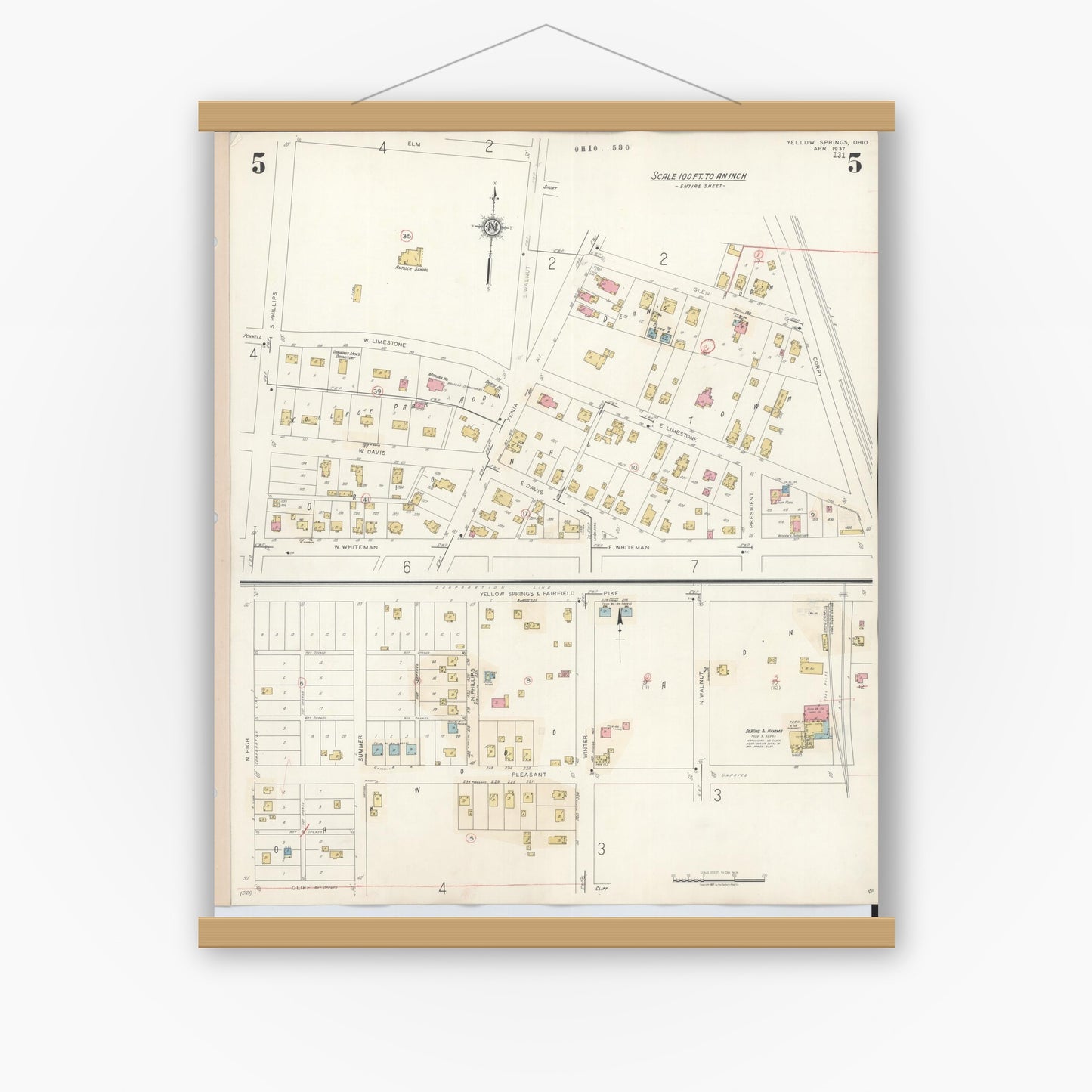 Old map wall art mockup — magnetic wood frame on white wall — Sanborn Fire Insurance Map from Yellow Springs, Greene County, Ohio (1945), Sheet #0005