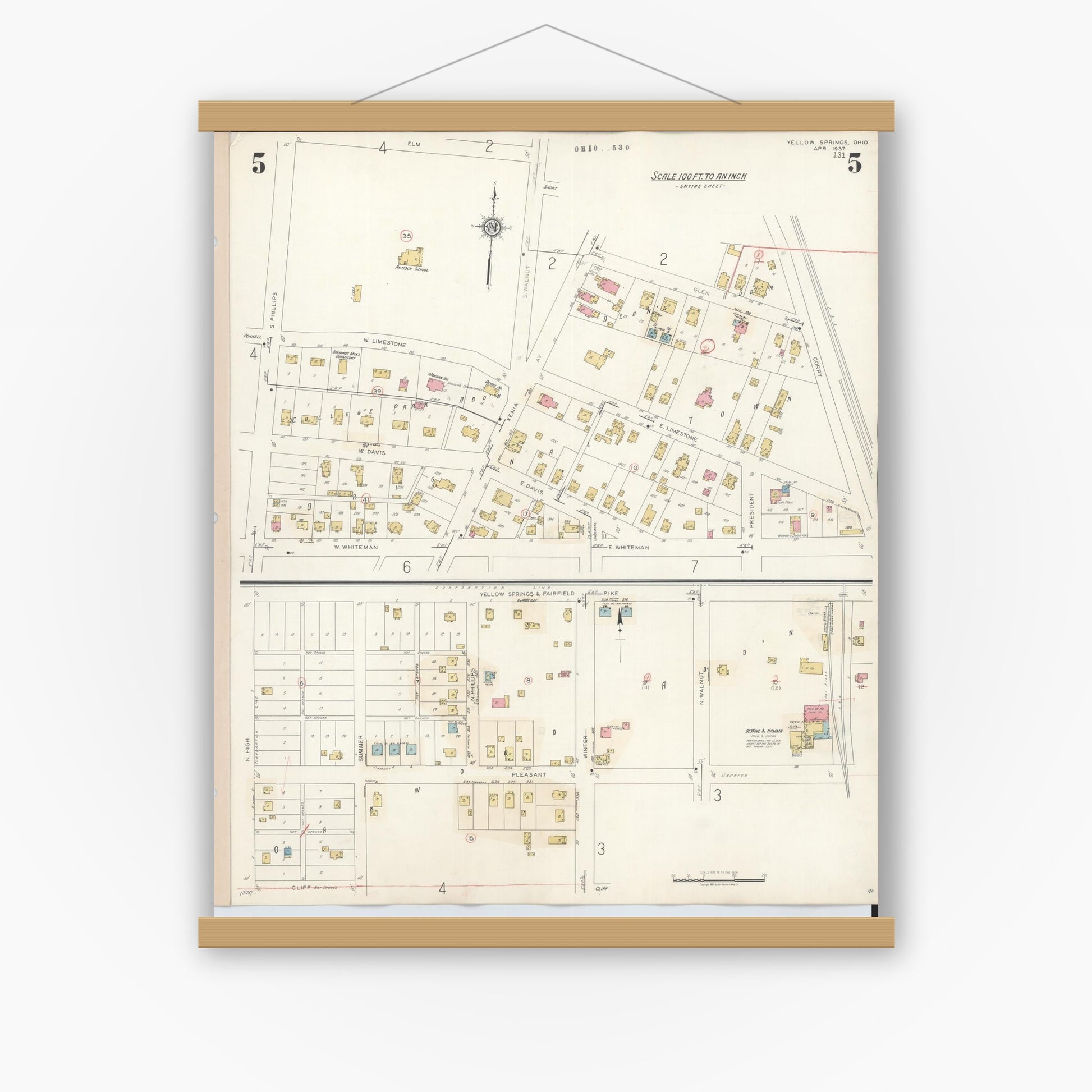 Old map wall art mockup — magnetic wood frame on white wall — Sanborn Fire Insurance Map from Yellow Springs, Greene County, Ohio (1945), Sheet #0005