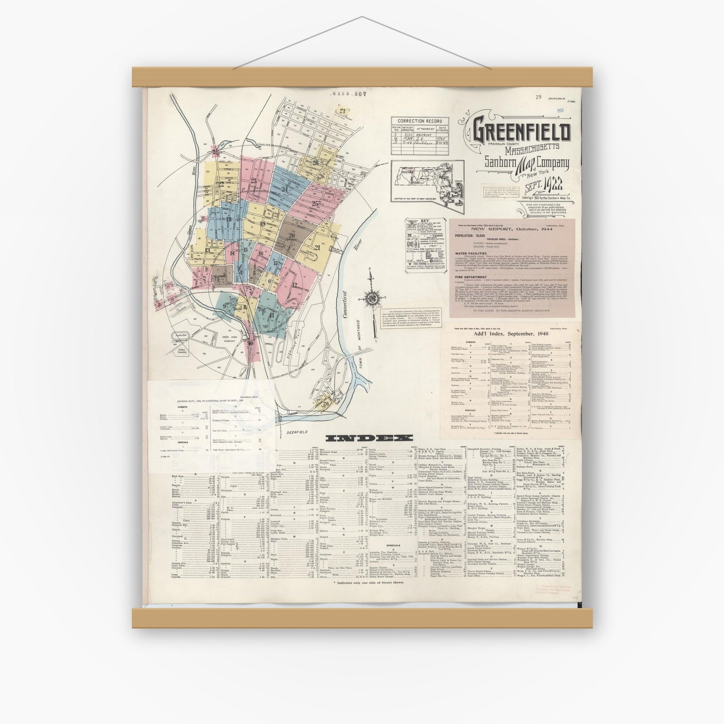 Old map wall art mockup — magnetic wood frame on white wall — Sanborn Fire Insurance Map from Greenfield, Franklin County, Massachusetts (1948), Sheet #0001