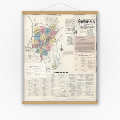 Old map wall art mockup — magnetic wood frame on white wall — Sanborn Fire Insurance Map from Greenfield, Franklin County, Massachusetts (1948), Sheet #0001