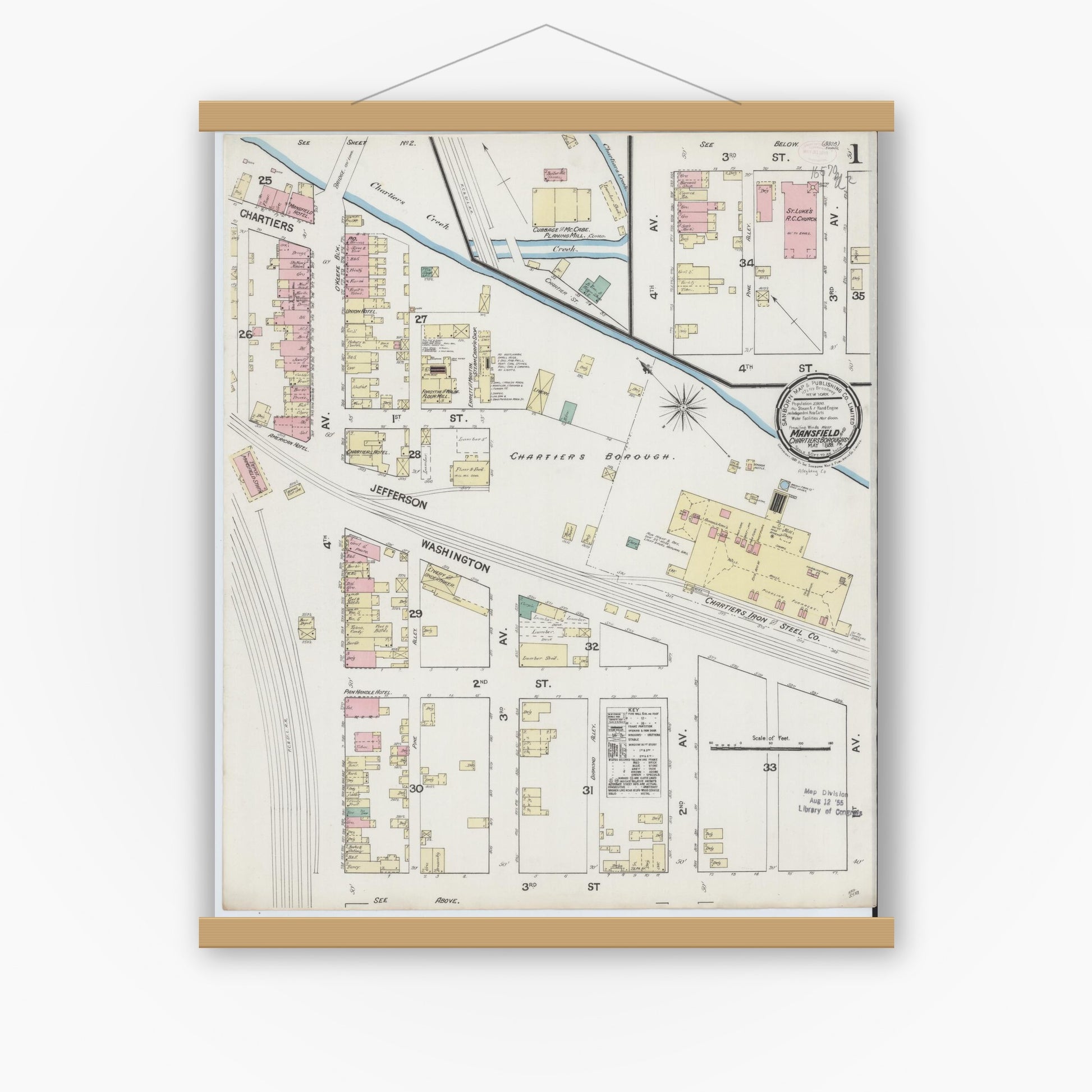 Old map wall art mockup — magnetic wood frame on white wall — Sanborn Fire Insurance Map from Mansfield Borough, Allegheny County, Pennsylvania (1889) - Complete Map Set