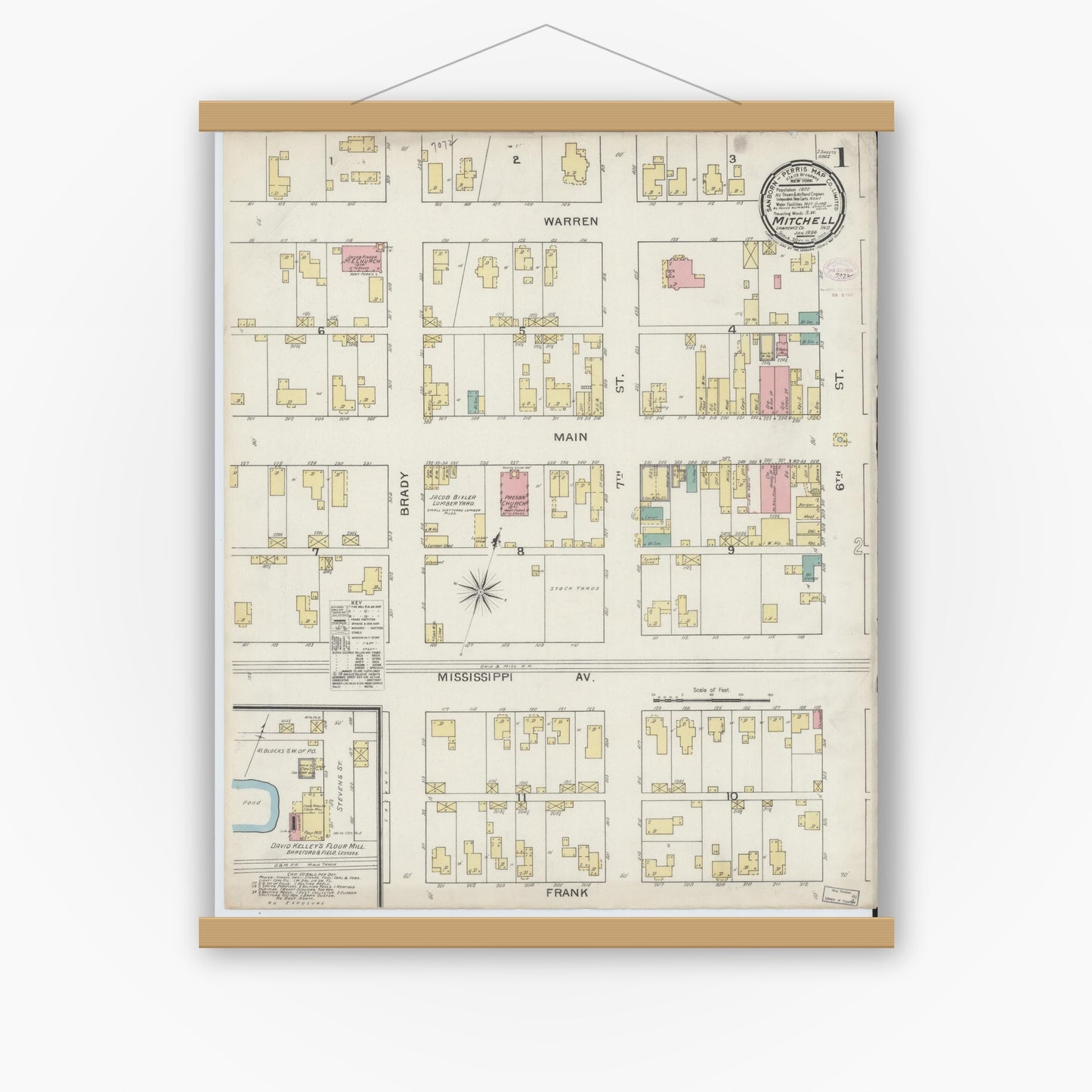 Old map wall art mockup — magnetic wood frame on white wall — Sanborn Fire Insurance Map from Mitchell, Lawrence County, Indiana (1894) - Complete Map Set