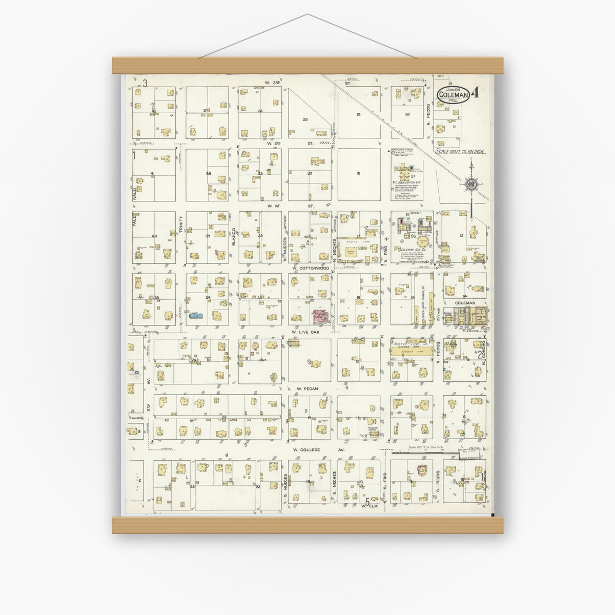 Old map wall art mockup — magnetic wood frame on white wall — Sanborn Fire Insurance Map from Coleman, Coleman County, Texas (1916), Sheet #0004