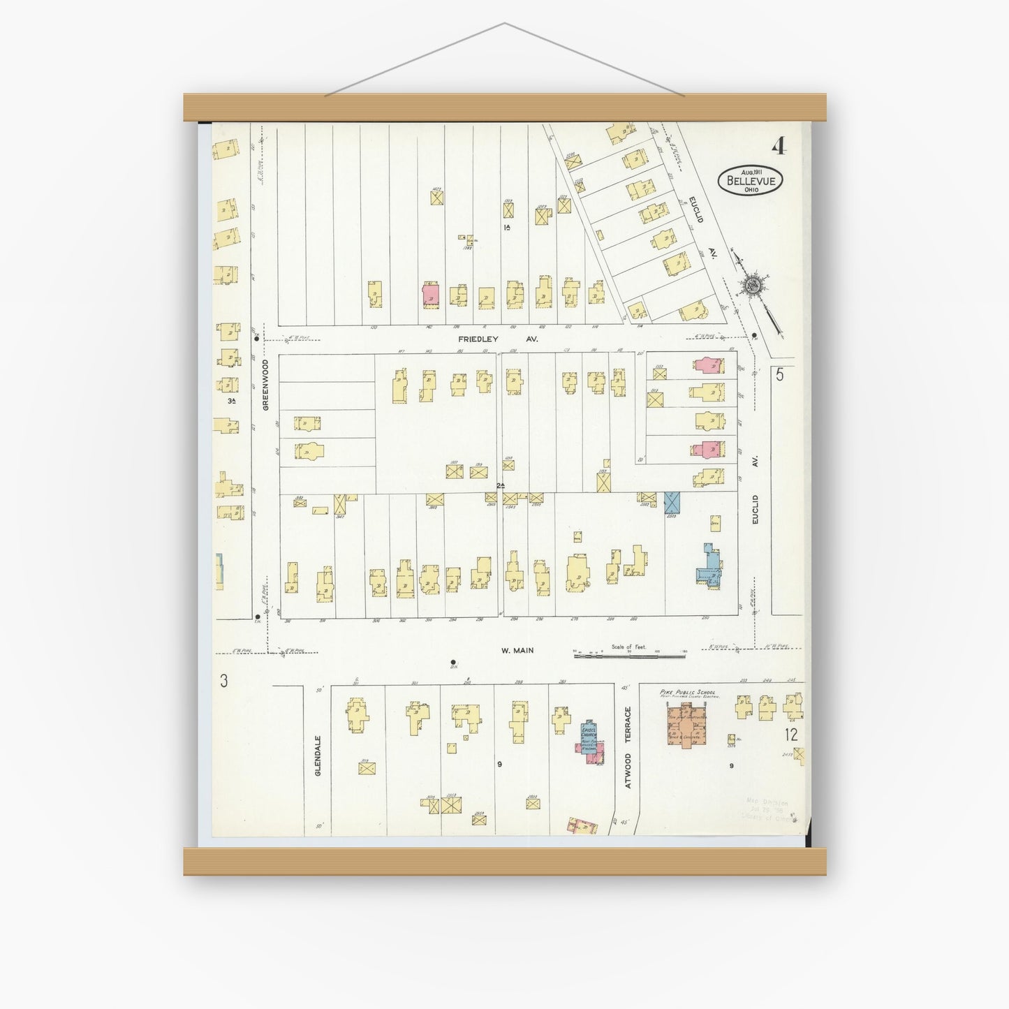 Old map wall art mockup — magnetic wood frame on white wall — Sanborn Fire Insurance Map from Bellevue, Huron And Sandusky County, Ohio (1911), Sheet #0004