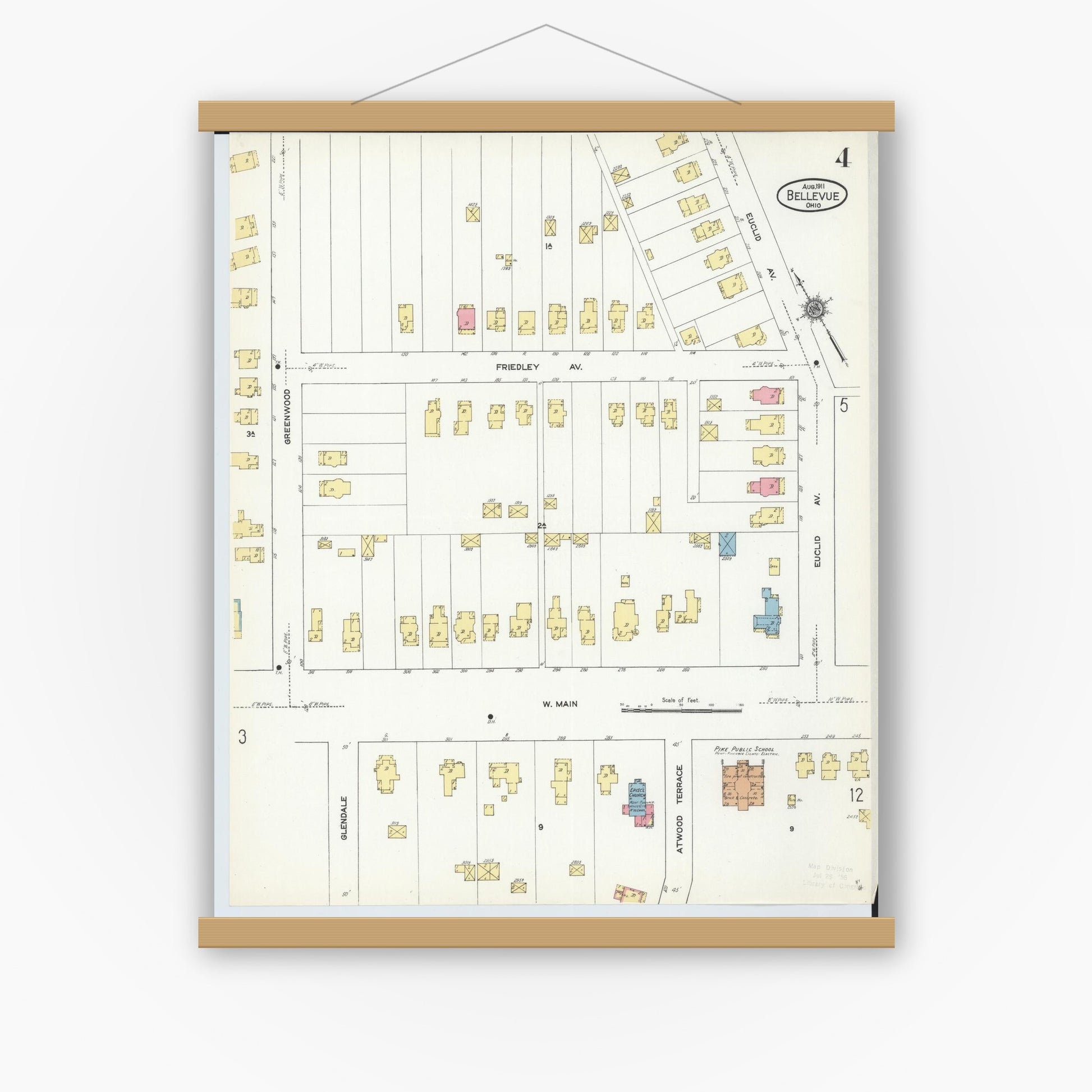 Old map wall art mockup — magnetic wood frame on white wall — Sanborn Fire Insurance Map from Bellevue, Huron And Sandusky County, Ohio (1911), Sheet #0004