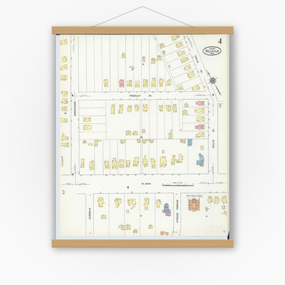 Old map wall art mockup — magnetic wood frame on white wall — Sanborn Fire Insurance Map from Bellevue, Huron And Sandusky County, Ohio (1911), Sheet #0004