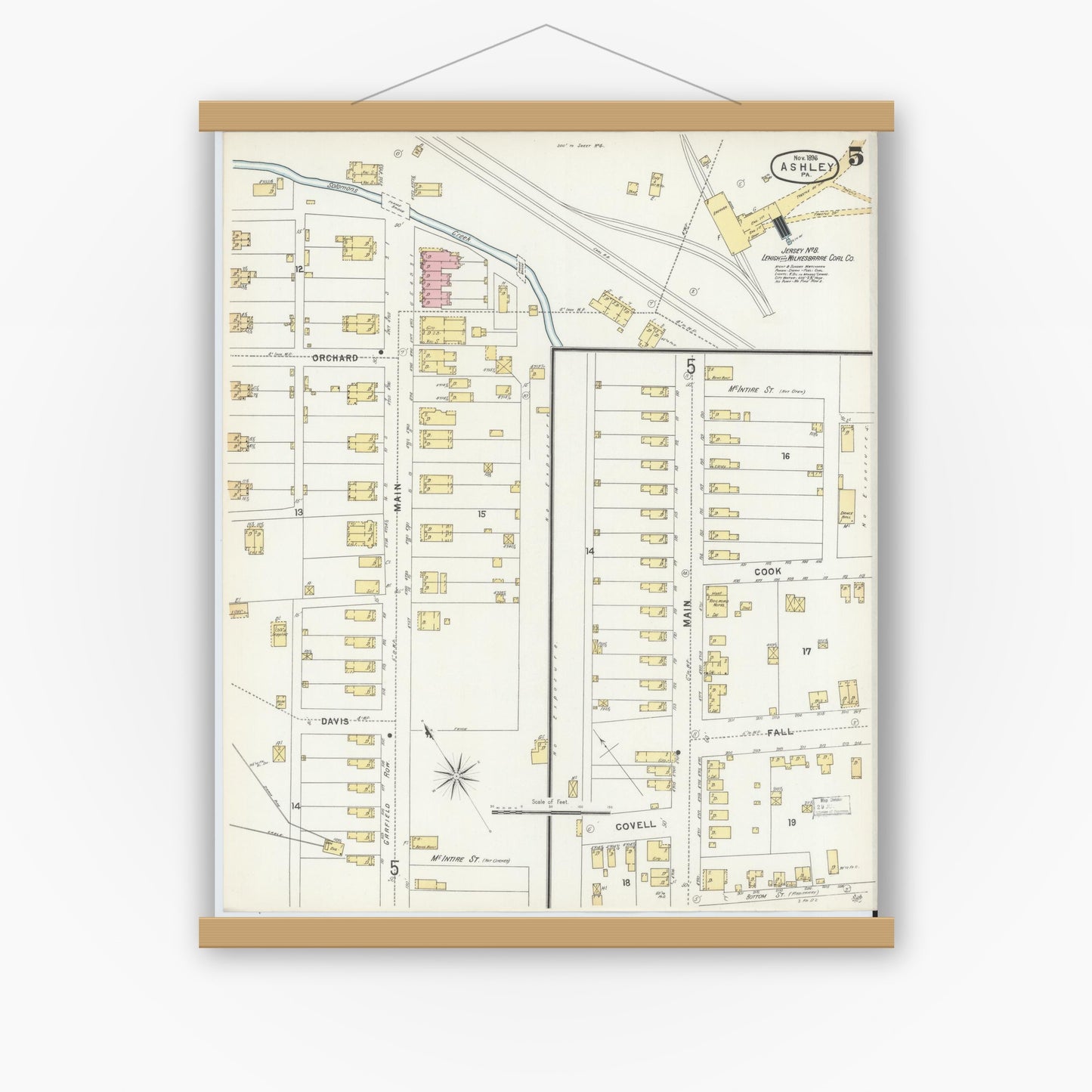 Old map wall art mockup — magnetic wood frame on white wall — Sanborn Fire Insurance Map from Ashley, Luzerne County, Pennsylvania (1896), Sheet #0005