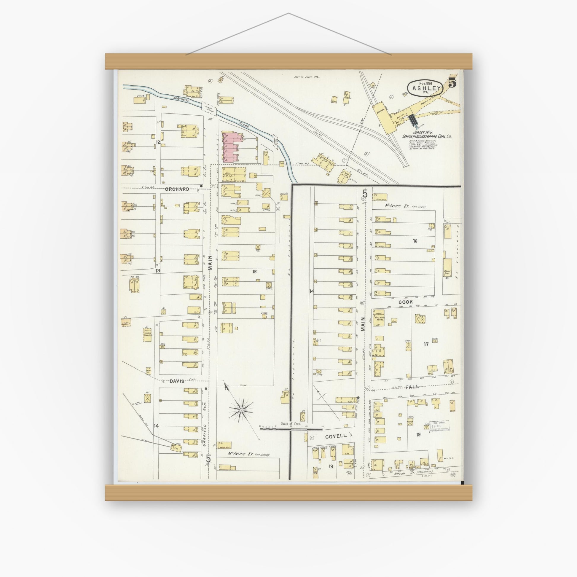Old map wall art mockup — magnetic wood frame on white wall — Sanborn Fire Insurance Map from Ashley, Luzerne County, Pennsylvania (1896), Sheet #0005