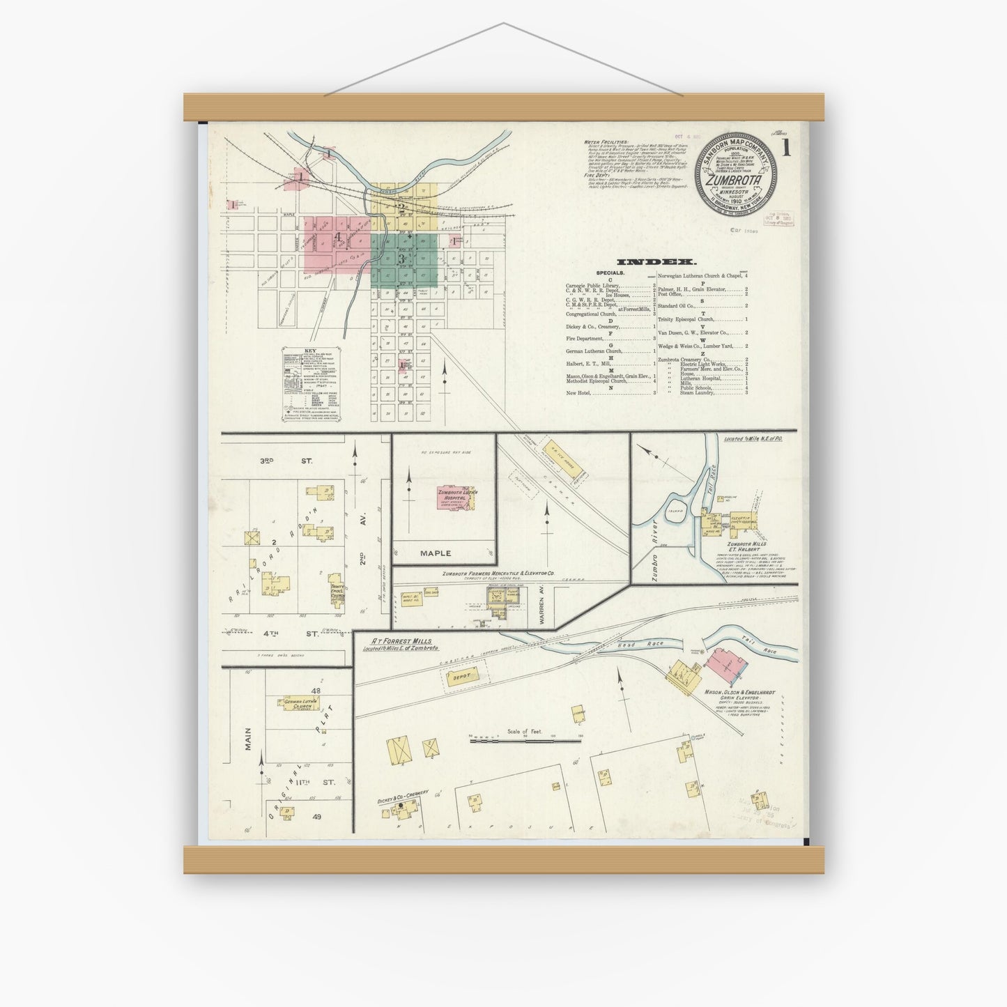 Old map wall art mockup — magnetic wood frame on white wall — Sanborn Fire Insurance Map from Zumbrota, Goodhue County, Minnesota (1910) - Complete Map Set