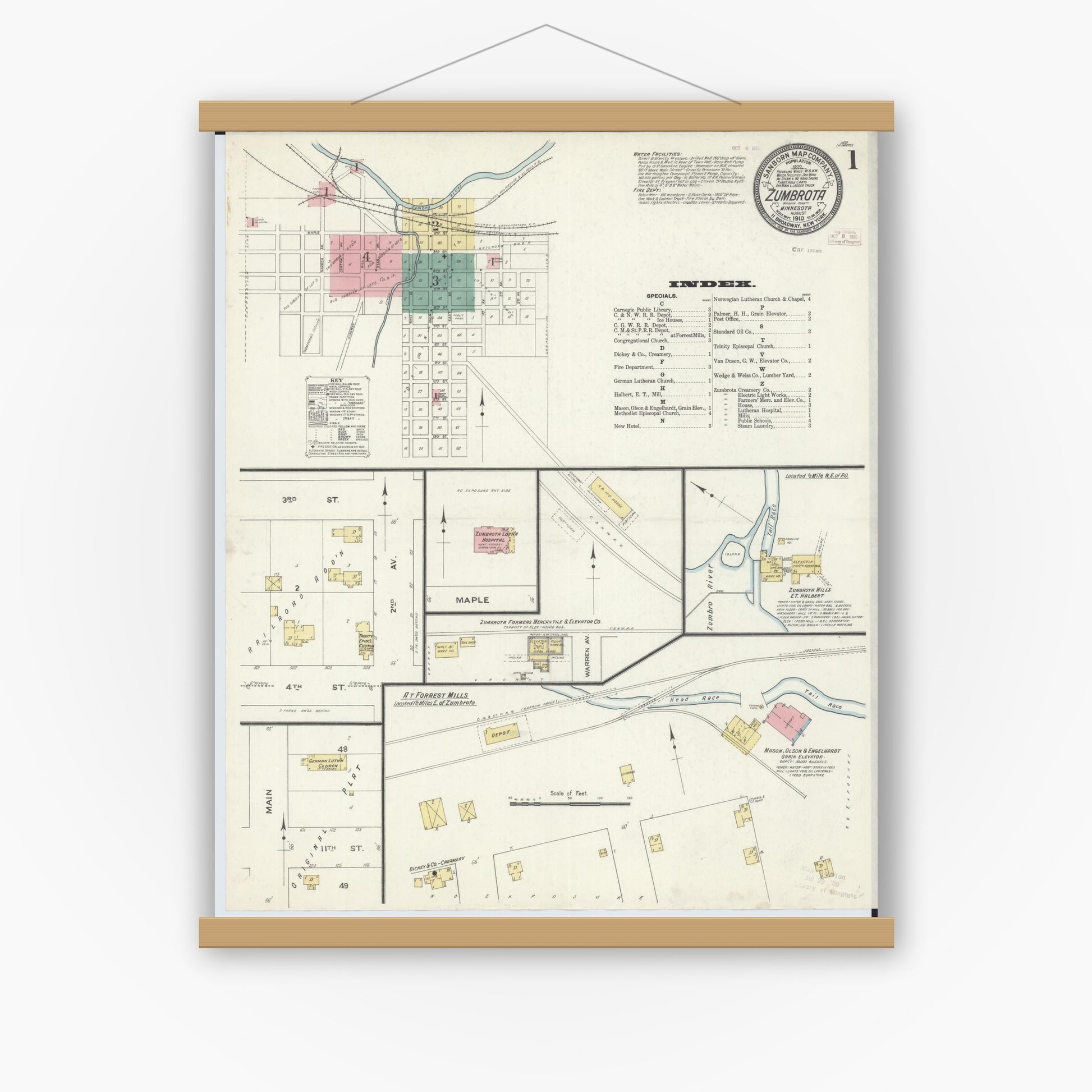 Old map wall art mockup — magnetic wood frame on white wall — Sanborn Fire Insurance Map from Zumbrota, Goodhue County, Minnesota (1910) - Complete Map Set
