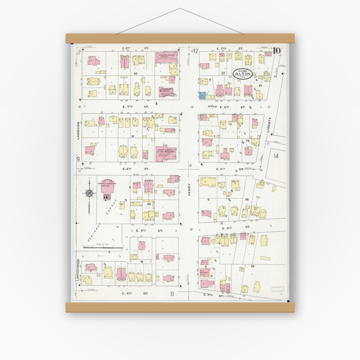 Old map wall art mockup — magnetic wood frame on white wall — Sanborn Fire Insurance Map from Alton, Madison County, Illinois (1909), Sheet #0010