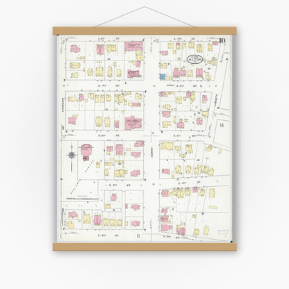 Old map wall art mockup — magnetic wood frame on white wall — Sanborn Fire Insurance Map from Alton, Madison County, Illinois (1909), Sheet #0010