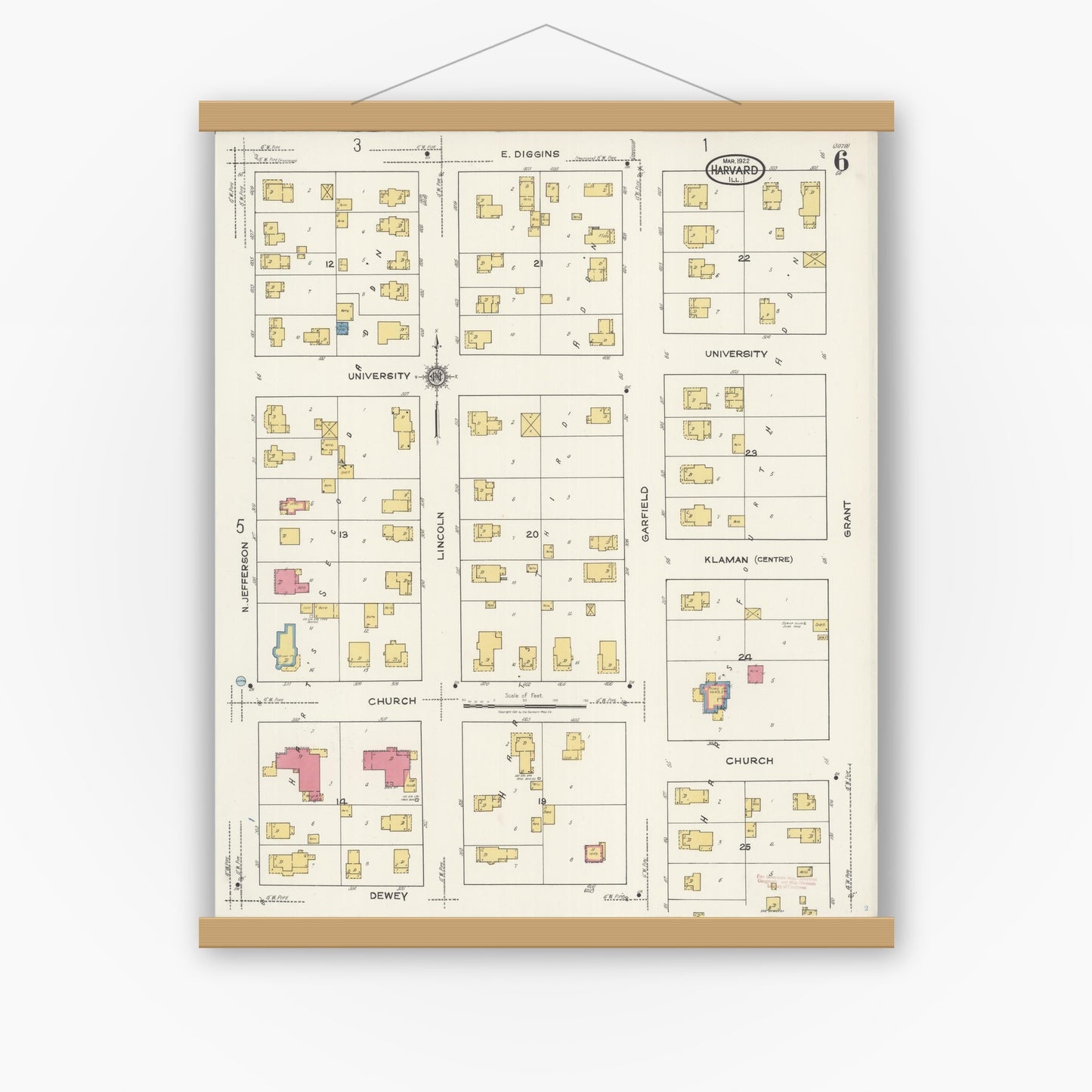 Old map wall art mockup — magnetic wood frame on white wall — Sanborn Fire Insurance Map from Harvard, McHenry County, Illinois (1922), Sheet #0006