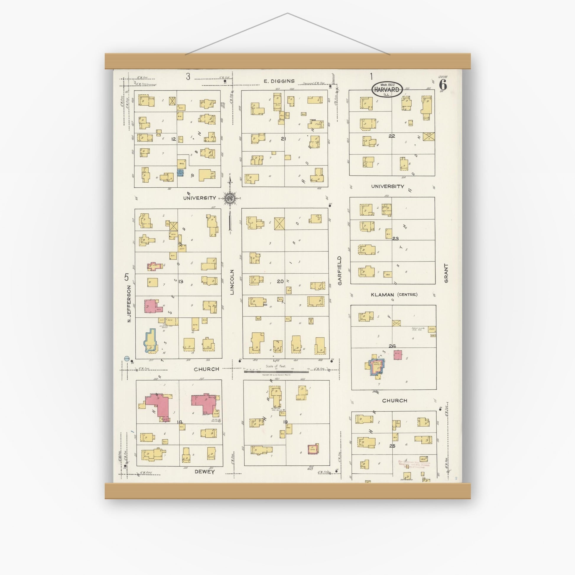 Old map wall art mockup — magnetic wood frame on white wall — Sanborn Fire Insurance Map from Harvard, McHenry County, Illinois (1922), Sheet #0006