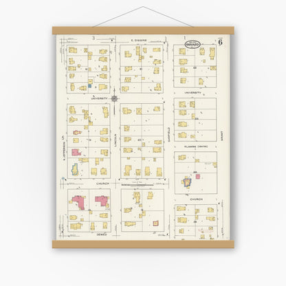 Old map wall art mockup — magnetic wood frame on white wall — Sanborn Fire Insurance Map from Harvard, McHenry County, Illinois (1922), Sheet #0006