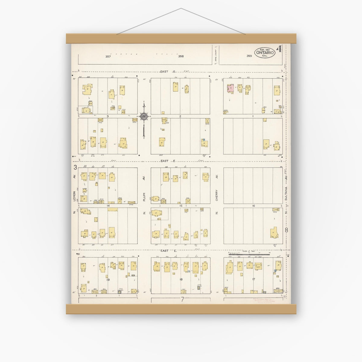 Old map wall art mockup — magnetic wood frame on white wall — Sanborn Fire Insurance Map from Ontario, San Bernardino County, California (1912), Sheet #0004