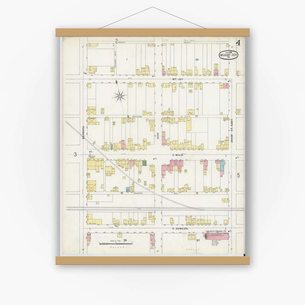 Old map wall art mockup — magnetic wood frame on white wall — Sanborn Fire Insurance Map from Mount Joy, Lancaster County, Pennsylvania (1896), Sheet #0004
