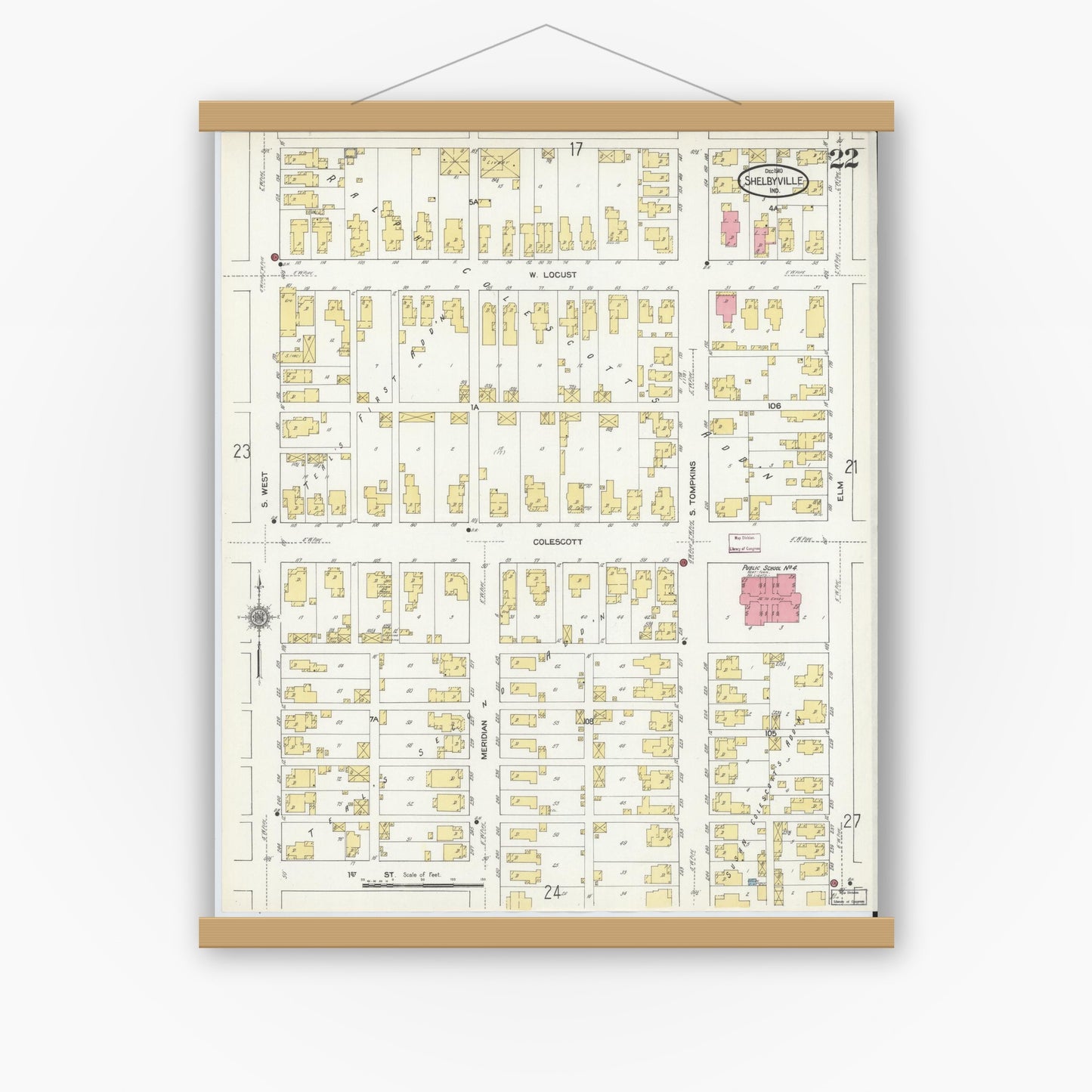 Old map wall art mockup — magnetic wood frame on white wall — Sanborn Fire Insurance Map from Shelbyville, Shelby County, Indiana (1910), Sheet #0022