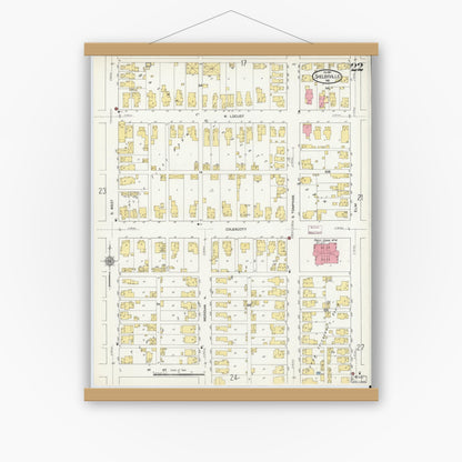 Old map wall art mockup — magnetic wood frame on white wall — Sanborn Fire Insurance Map from Shelbyville, Shelby County, Indiana (1910), Sheet #0022