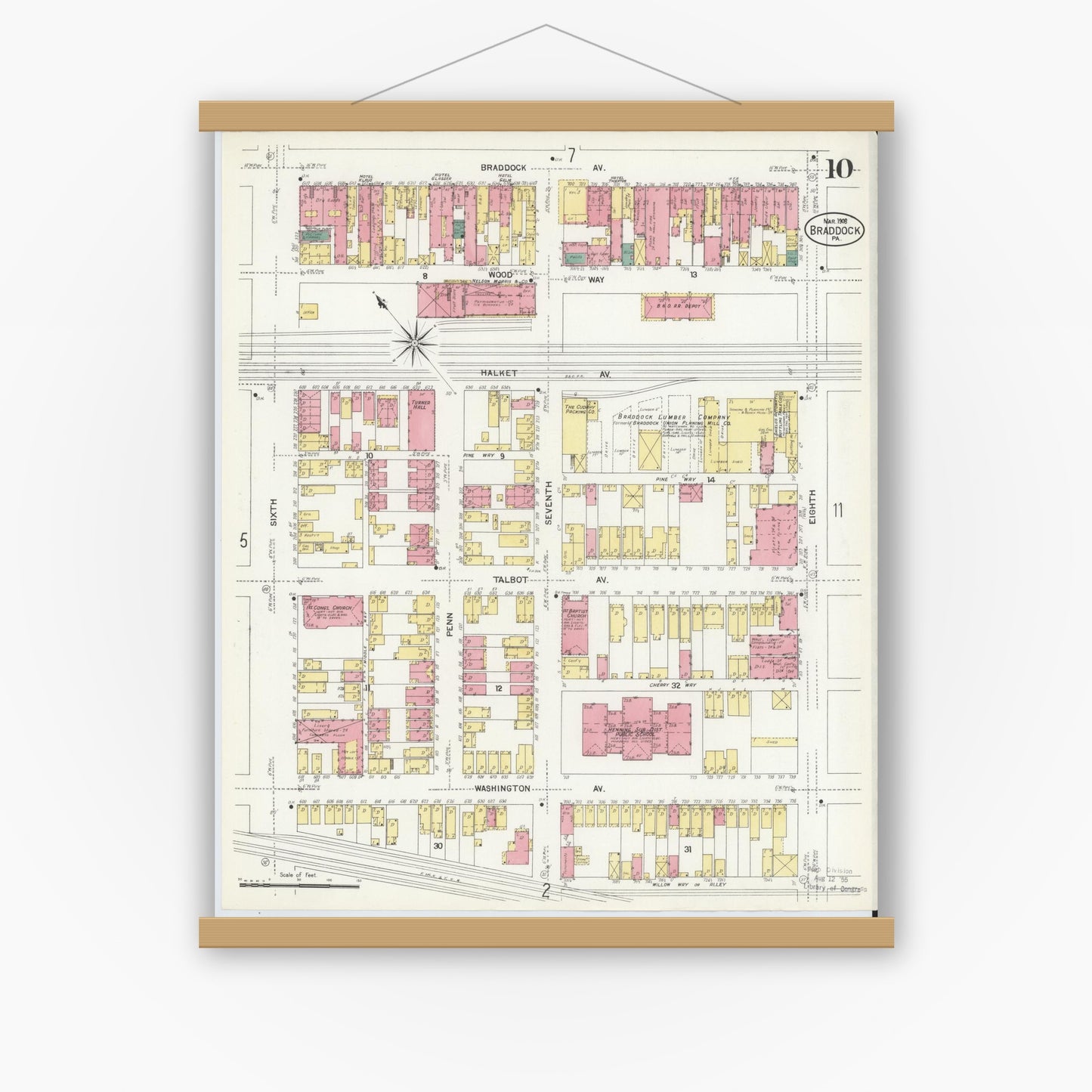 Old map wall art mockup — magnetic wood frame on white wall — Sanborn Fire Insurance Map from Braddock, Allegheny County, Pennsylvania (1908), Sheet #0010