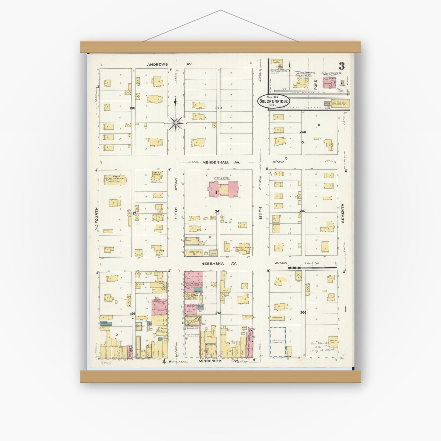 Old map wall art mockup — magnetic wood frame on white wall — Sanborn Fire Insurance Map from Breckenridge, Wilkin County, Minnesota (1909), Sheet #0003