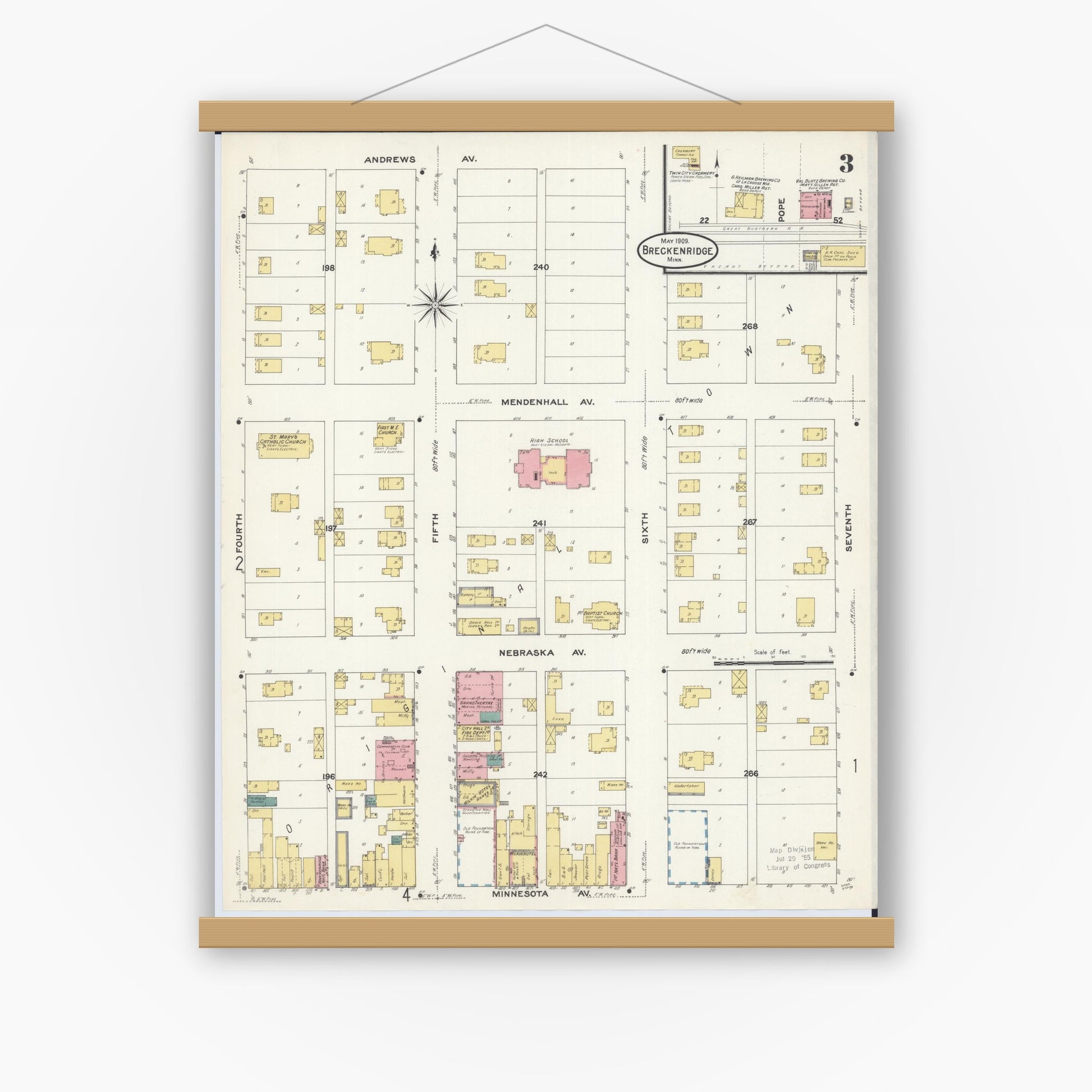 Old map wall art mockup — magnetic wood frame on white wall — Sanborn Fire Insurance Map from Breckenridge, Wilkin County, Minnesota (1909), Sheet #0003