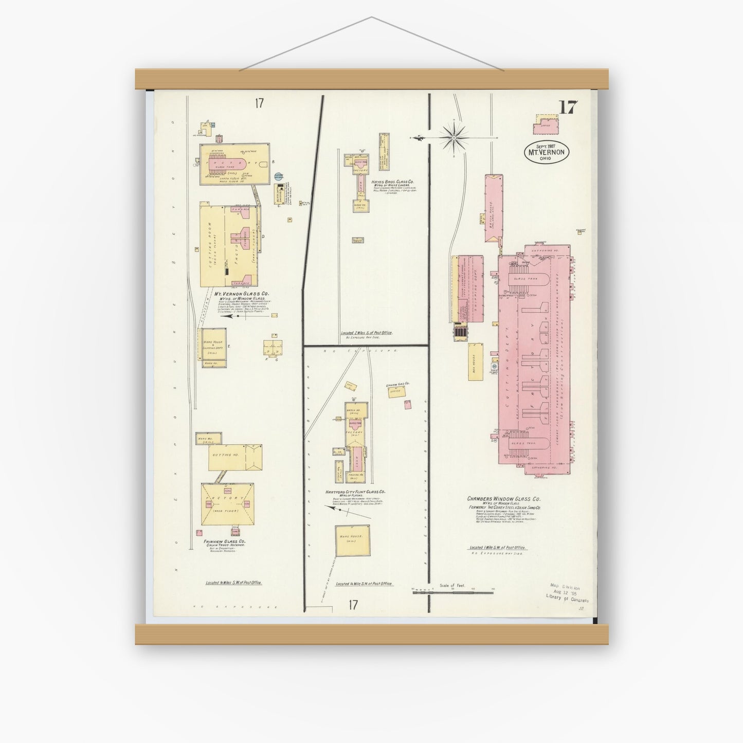 Old map wall art mockup — magnetic wood frame on white wall — Sanborn Fire Insurance Map from Mount Vernon, Knox County, Ohio (1907), Sheet #0017