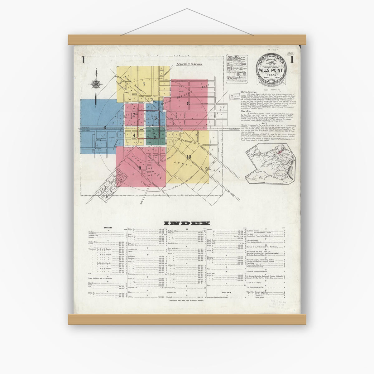 Old map wall art mockup — magnetic wood frame on white wall — Sanborn Fire Insurance Map from Wills Point, Van Zandt County, Texas (1923), Sheet #0001