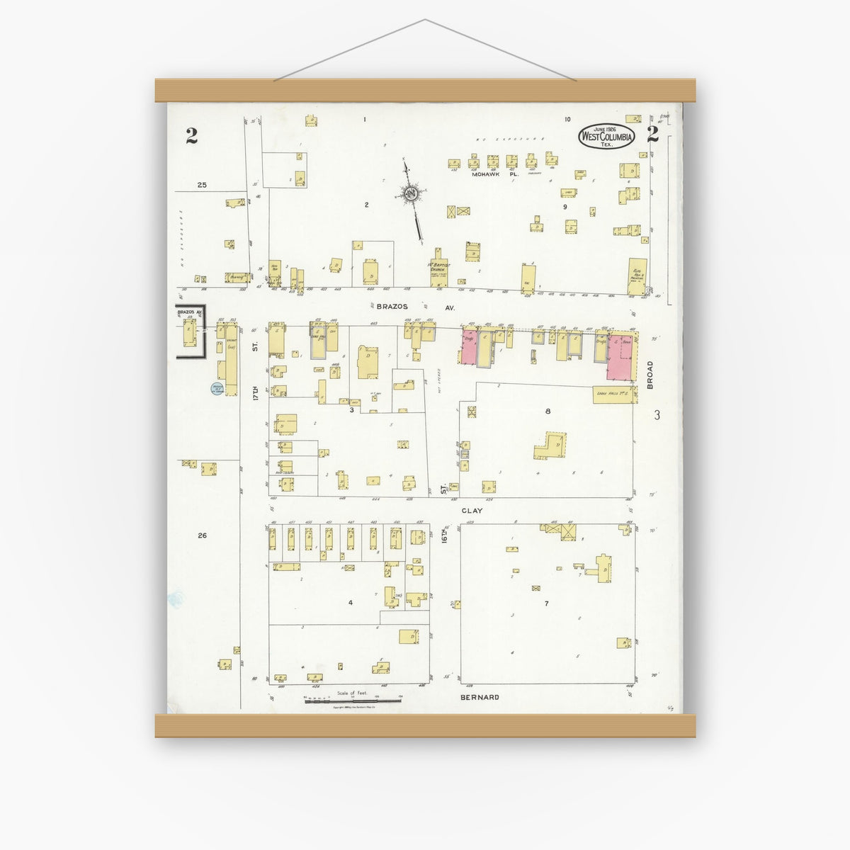 Old map wall art mockup — magnetic wood frame on white wall — Sanborn Fire Insurance Map from West Columbia, Brazoria County, Texas (1926), Sheet #0002