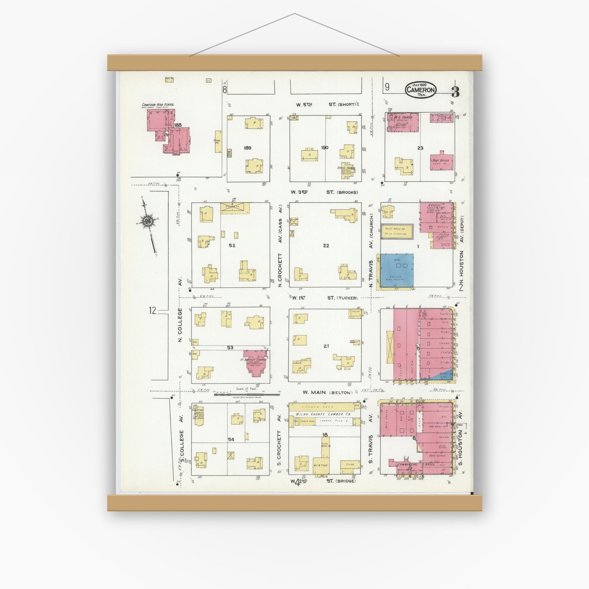 Old map wall art mockup — magnetic wood frame on white wall — Sanborn Fire Insurance Map from Cameron, Milam County, Texas (1920), Sheet #0003