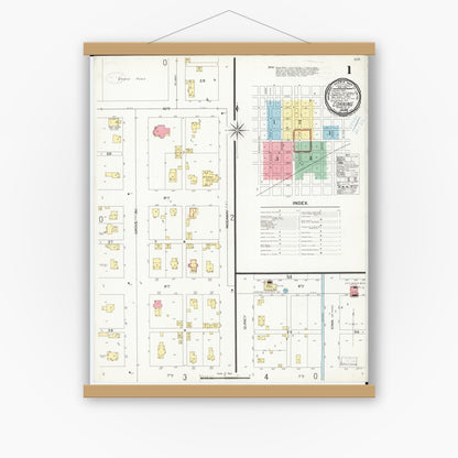 Old map wall art mockup — magnetic wood frame on white wall — Sanborn Fire Insurance Map from Corning, Adams County, Iowa (1899), Sheet #0001
