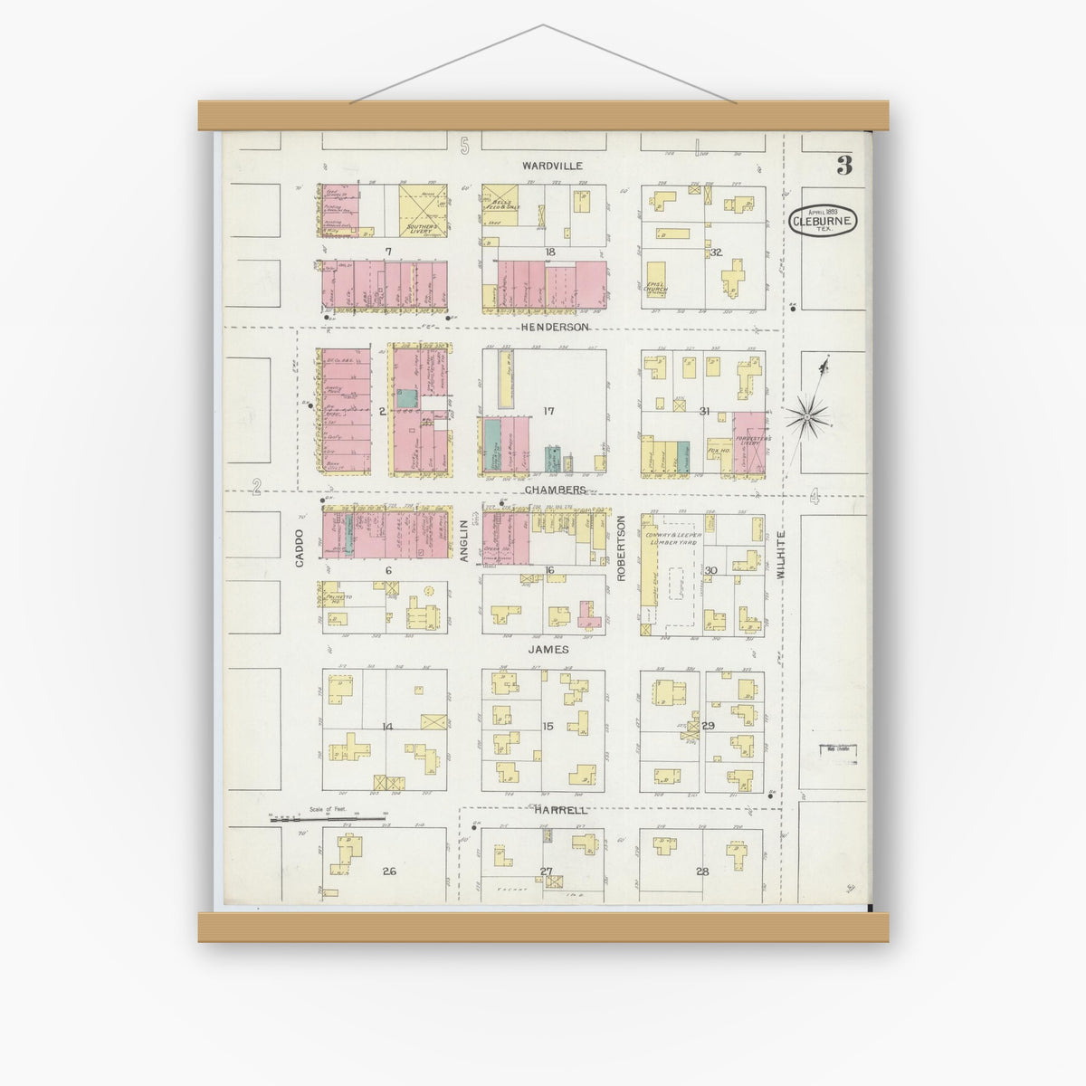Old map wall art mockup — magnetic wood frame on white wall — Sanborn Fire Insurance Map from Cleburne, Johnson County, Texas (1893), Sheet #0003