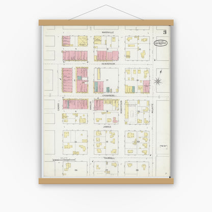 Old map wall art mockup — magnetic wood frame on white wall — Sanborn Fire Insurance Map from Cleburne, Johnson County, Texas (1893), Sheet #0003
