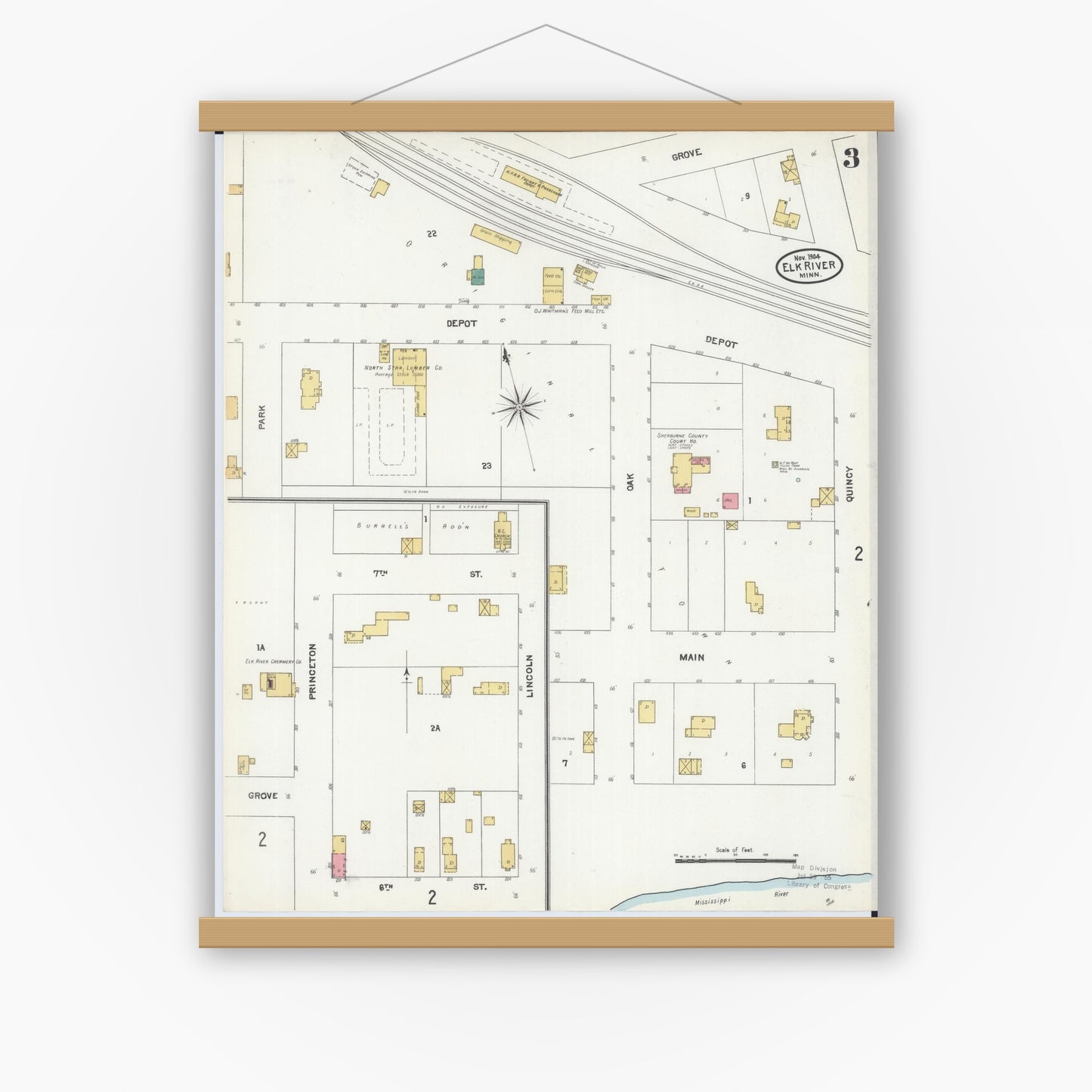 Old map wall art mockup — magnetic wood frame on white wall — Sanborn Fire Insurance Map from Elk River, Sherburne County, Minnesota (1905), Sheet #0003